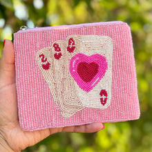 Load image into Gallery viewer, Pink heart Coin Purse Pouch, ace of hearts bead Purse, pink Beaded Pouch, Valentine’s day Purse, Boho bags, Wallets for her, boho pouch accessories, bachelorette gifts, best friend gifts, miscellaneous gifts, best seller, best selling items, gifts for her, birthday gifts, preppy beaded wallet, party favors, bachelorette bag, money pouch, wallets for her, unique cute gifts, mother’s day gift, handmade gifts, Valentine’s lover gifts, Valentines theme accessories, Custom gifts, credit card pouch
