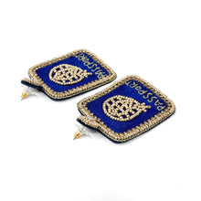 Load image into Gallery viewer, ravel themed passport earrings with intricate beadwork and gold accents
