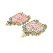 Load image into Gallery viewer, Beaded drop earrings featuring travel suitcase design in pink and gold