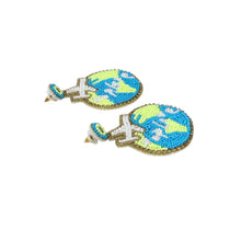Load image into Gallery viewer, Blue and green globe earrings with intricate beadwork and travel theme
