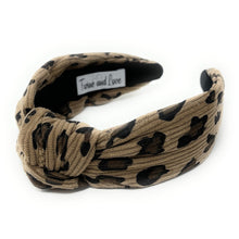 Load image into Gallery viewer, headband for woman, leopard headband, animal print headband, best selling items, corduroy headbands, beige headband, beige top knot headband, woven top knot headband, animal print accessories, trendy headbands, leopard to knot headband, animal print headband, beige knotted headband, brown print top knot headband, handmade headbands, top knotted headband, knotted headband, leopard print headband, brown top knotted headband, leopard headband, corduroy knot headband, leopard print headband