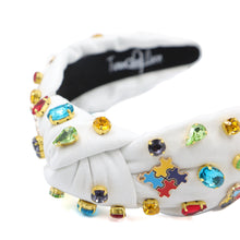 Load image into Gallery viewer, custom autism awareness headband, jeweled headband, autism top knot headband, autism awareness knot headband, autism jeweled headband, handmade headband, custom headband, bejeweled accessories, autism hair accessories, embellished earrings, custom earrings, autism awareness gifts, birthday gifts, bohemian headband, luxurious handmade accessories, party earrings, autism support gifts, autism awareness gifts, rhinestone headband, embellished headband, party headband, statement headband, best selling items