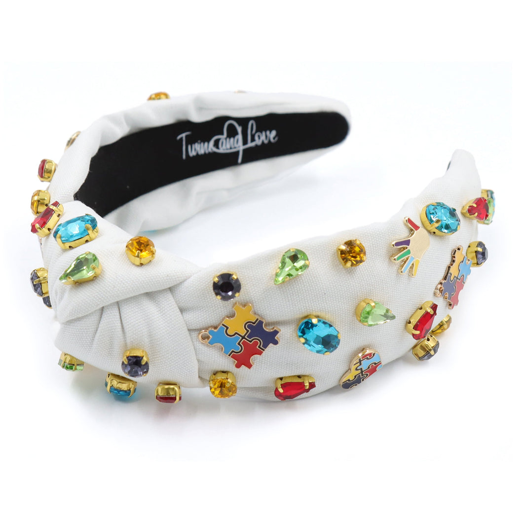 custom autism awareness headband, jeweled headband, autism top knot headband, autism awareness knot headband, autism jeweled headband, handmade headband, custom headband, bejeweled accessories, autism hair accessories, embellished earrings, custom earrings, autism awareness gifts, birthday gifts, bohemian headband, luxurious handmade accessories, party earrings, autism support gifts, autism awareness gifts, rhinestone headband, embellished headband, party headband, statement headband, best selling items