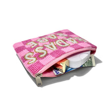 Load image into Gallery viewer, A pink checkered zippered pouch in white and gold on the front, shown open with cash and accessories inside on a white background.