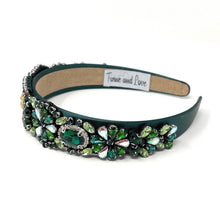Load image into Gallery viewer, headband for women, fall headband, green baroque headband, fall winter headband, green embellished headband, bridal headband, bridal accessories, brown luxurious hairband, luxurious hair band, unique embellished headband, unique headband, statement headband, custom bridal headband, green color accessories, embellished headband, gemstone headband, luxury headband, green bejeweled headband, bling headband, baroque embellished headband, custom headband, jeweled baroque headband, evening hair accessory

