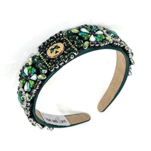 Load image into Gallery viewer, headband for women, fall headband, green baroque headband, fall winter headband, green embellished headband, bridal headband, bridal accessories, brown luxurious hairband, luxurious hair band, unique embellished headband, unique headband, statement headband, custom bridal headband, green color accessories, embellished headband, gemstone headband, luxury headband, green bejeweled headband, bling headband, baroque embellished headband, custom headband, jeweled baroque headband, evening hair accessory
