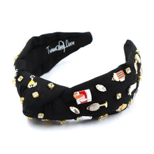 Load image into Gallery viewer, Black headband adorned with small, colorful different drink charms and rhinestones, creating a playful and chic vibe. Features the &quot;TwinLad Love&quot; logo inside.