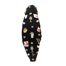 Load image into Gallery viewer, Black headband adorned with small, colorful different drink charms and rhinestones, creating a playful and chic vibe. Features the &quot;TwinLad Love&quot; logo inside.