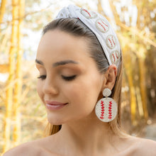 Load image into Gallery viewer, Woman wearing a decorative headband and baseball earrings with a blurred natural background
