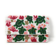 Load image into Gallery viewer, Handmade beaded clutch featuring green turtles and coral pattern