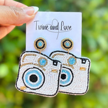 Load image into Gallery viewer, Handmade beaded earrings shaped like vintage camera design