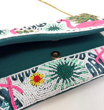 Load image into Gallery viewer, Beaded flamingo clutch purse with magnetic snap closure.