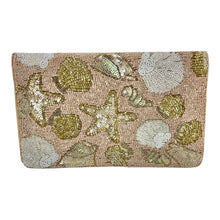 Load image into Gallery viewer, Neutral beaded clutch with sequin seashells and starfish inspired by coastal beach style.