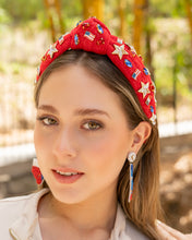 Load image into Gallery viewer, Americana Jeweled Headband, Patriotic Knotted Headband, Star Knotted Headband, Americana Hair Accessories, Red White Headband, Best Seller, headbands for women, best selling items, knotted headband, hairbands for women, hair accessories, Independence day gifts, Independence day Headband, Memorial day hair accessories, American headband, USA flag headband, Fourth of July headband, Fourth of July gifts, red white headband, star knot headband, Jeweled headband, USA Jeweled headband, USA Headband