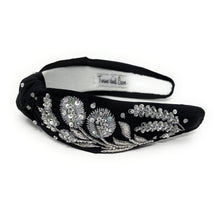 Load image into Gallery viewer, Black headband with silver floral embellishments on a white background