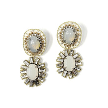 Load image into Gallery viewer, Elegant drop earrings with oval gray stones, surrounded by sparkling crystals. Each earring features two sections, exuding a luxurious and sophisticated vibe.