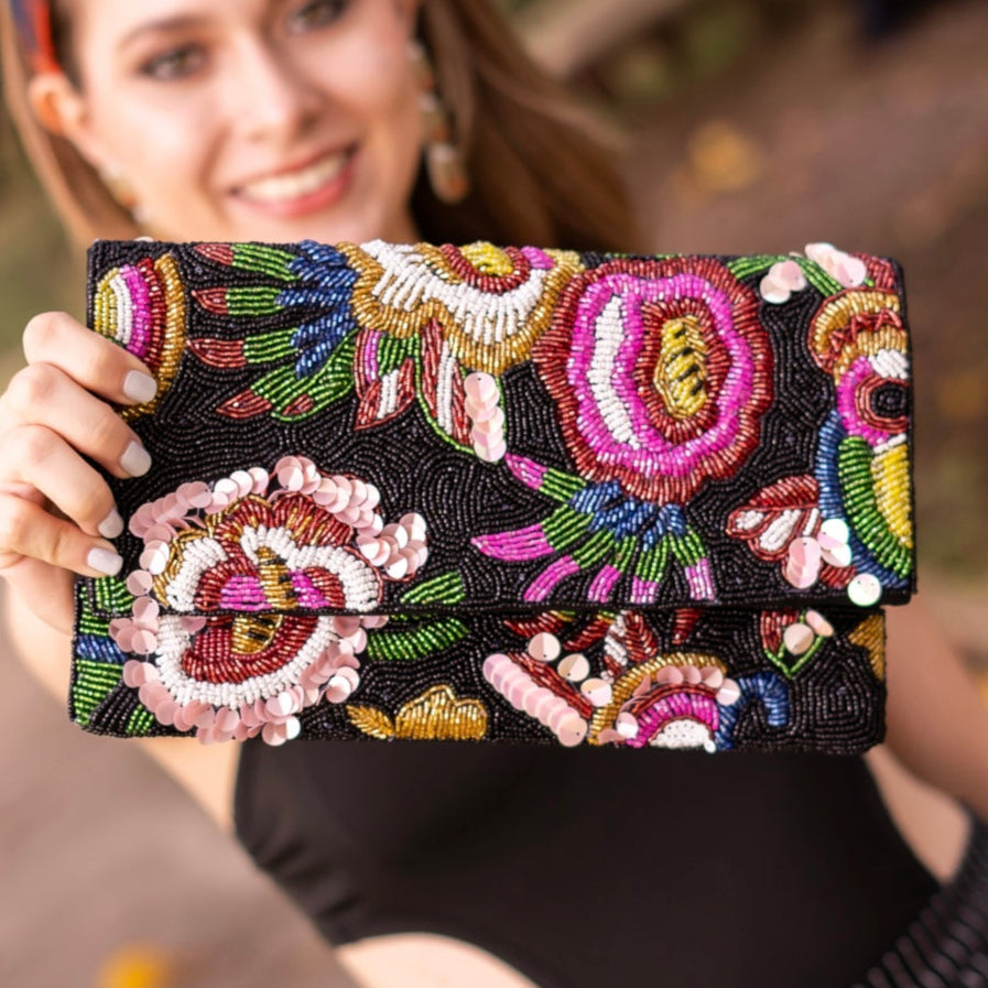 Twine and Love Hand Beaded Floral Clutch Seed Bead Clutch Bag