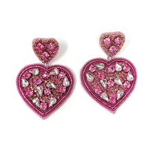 Load image into Gallery viewer, pink heart jeweled Earrings, pink valentines Earrings, Valentines Day Earrings, Valentines Beaded Earrings, Valentines Heart earrings, sweetheart  earrings, valentine’s day beaded earrings, dainty valentines beaded earrings, valentines beaded earrings, unique earrings, Valentine’s day earrings, tween girls accessories, Valentine’s day accessories, Best selling items, Valentines accessories, boho earrings, custom earrings, gifts for her, handmade gifts, unique valentines heart earrings