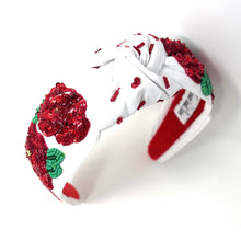 Load image into Gallery viewer, headband for women, red roses Knot headband, Kentucky Derby lover headband, Derby knotted headband, Kentucky Derby top knot headband, Garland of Roses top knotted headband, white knotted headband, Kentucky Derby hair band, beaded Roses knot headband, red Roses headband, statement headbands, top knotted headband, knotted headband, Kentucky lover gifts, Kentucky derby embellished headband, luxury headband, baseball fan gifts, jeweled knot headband, knot embellished headband
