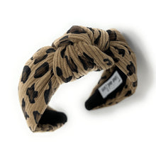 Load image into Gallery viewer, headband for woman, leopard headband, animal print headband, best selling items, corduroy headbands, beige headband, beige top knot headband, woven top knot headband, animal print accessories, trendy headbands, leopard to knot headband, animal print headband, beige knotted headband, brown print top knot headband, handmade headbands, top knotted headband, knotted headband, leopard print headband, brown top knotted headband, leopard headband, corduroy knot headband, leopard print headband