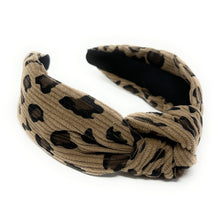 Load image into Gallery viewer, headband for woman, leopard headband, animal print headband, best selling items, corduroy headbands, beige headband, beige top knot headband, woven top knot headband, animal print accessories, trendy headbands, leopard to knot headband, animal print headband, beige knotted headband, brown print top knot headband, handmade headbands, top knotted headband, knotted headband, leopard print headband, brown top knotted headband, leopard headband, corduroy knot headband, leopard print headband