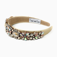 Load image into Gallery viewer, headband for women, summer headband, beige baroque headband, fall winter headband, gold jeweled headband, bridal headband, bridal accessories, beige luxurious hairband, luxurious hair band, unique embellished headband, unique headband, statement headband, custom bridal headband, beige color accessories, embellished headband, gemstone headband, luxury headband, brown bejeweled headband, bling headband, baroque embellished headband, custom headband, jeweled baroque headband, evening hair accessory
