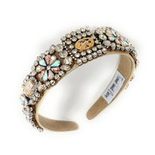 Load image into Gallery viewer, headband for women, summer headband, beige baroque headband, fall winter headband, gold jeweled headband, bridal headband, bridal accessories, beige luxurious hairband, luxurious hair band, unique embellished headband, unique headband, statement headband, custom bridal headband, beige color accessories, embellished headband, gemstone headband, luxury headband, brown bejeweled headband, bling headband, baroque embellished headband, custom headband, jeweled baroque headband, evening hair accessory
