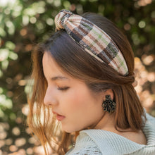 Load image into Gallery viewer, beige black Headband, holiday Knotted Headband, brown plaid Knotted Headband, beige brown Plaid Hair Accessories, Plaid Headband, Best Seller, headbands for women, best selling items, knotted headband, hairbands for women, brown plaid gifts, Plaid knot Headband, winter hair accessories, winter plaid headband, Plaid uniform headband, Statement headband, school uniform, school uniform knot headband, custom Knotted headband, plaid headband, Winter Plaid knot headband, plaid knot headband, plaid accessory