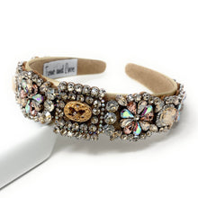 Load image into Gallery viewer, headband for women, summer headband, beige baroque headband, fall winter headband, gold jeweled headband, bridal headband, bridal accessories, beige luxurious hairband, luxurious hair band, unique embellished headband, unique headband, statement headband, custom bridal headband, beige color accessories, embellished headband, gemstone headband, luxury headband, brown bejeweled headband, bling headband, baroque embellished headband, custom headband, jeweled baroque headband, evening hair accessory
