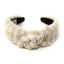 Load image into Gallery viewer, headbands for women, tweed headband, handmade headbands, top knotted headband, knotted headband, hair band for women, ivory headband, tweed headband, neutral headband for women, winter headband, tweed knot headband for women, knotted jeweled headband, bling headband, fall winter knot headband, luxury knot headband, plaid tweed headband, tweed knotted headband, fall hair accessories, soft beige tweed, neutral tweed, winter headbands, neutral tweed headband, tweed plaid headband, tweed accessories 
