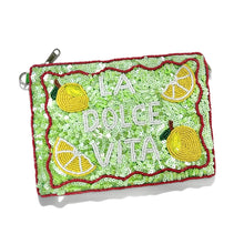 Load image into Gallery viewer, Handmade Italian-inspired clutch with lime green sequins, yellow lemon accents, and “La Dolce Vita” text in detailed bead embroidery.