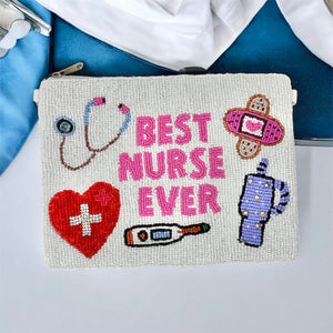 Hand beaded pouch with the words "Best Nurse Ever" and images of a stethoscope, heart, thermometer, bandage, and blood pressure monitor, celebrating healthcare.
