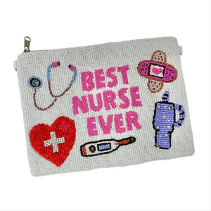 Hand beaded pouch with the words "Best Nurse Ever" and images of a stethoscope, heart, thermometer, bandage, and blood pressure monitor, celebrating healthcare.