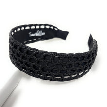 Load image into Gallery viewer, Black woven open-weave headband with a wide silhouette and lightweight raffia-style texture.
