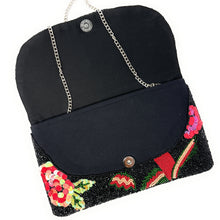 Load image into Gallery viewer, Statement evening bag with a black beaded background, decorated with blooming flowers in shades of pink, peach, and red.