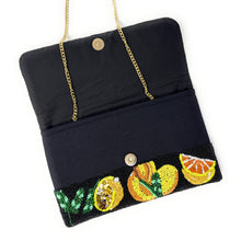 Load image into Gallery viewer, Handmade citrus-themed beaded clutch purse with bold summer fruit pattern