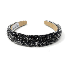 Load image into Gallery viewer, Black rhinestone headband with clustered faceted crystals and silver detailing