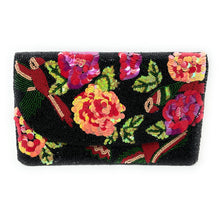 Load image into Gallery viewer, Hand-beaded black envelope clutch adorned with colorful floral sequins and intricate botanical embroidery details.