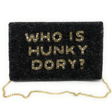 Load image into Gallery viewer, Large WHO IS HUNKY DORY Purse Pouch, Large RHOBH Beaded Purse, RHOBH gifts, Bravo Black clutch purse, Hunky Dory Pouches, Real Housewives Gift, beaded pouch zipper, Girl trip gifts, beaded coin purse, birthday gifts, gifts for her, batch gifts, Housewives of Beverly Hills accessories, best friend gifts, The real housewives of Beverly Hills purse, girlfriend gift, Bravo fans gift, best friend birthday gift, Bachelorette gifts, Bachelorette party favors, Black gold purse, Sutton, Bravo bachelorette, best sell