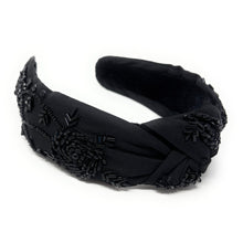 Load image into Gallery viewer, headband for women, black roses Knot headband, Kentucky Derby lover headband, Derby knotted headband, Kentucky Derby top knot headband, Garland of Roses top knotted headband, black knotted headband, Dia de los muertos hair band, beaded Roses knot headband, black Roses headband, statement headbands, top knotted headband, knotted headband, Kentucky lover gifts, Black rose embellished headband, luxury headband, roses fan gifts, jeweled knot headband, knot embellished headband