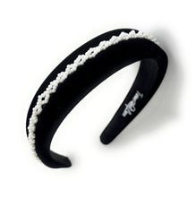 Load image into Gallery viewer, Elegant black hairband with beaded pearl trim detail