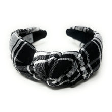 Load image into Gallery viewer, holiday Headband, holiday Knotted Headband, black plaid Knotted Headband, gray Plaid Hair Accessories, Plaid Headband, Best Seller, headbands for women, best selling items, knotted headband, hairbands for women, black plaid gifts, black white knot Headband, School hair accessories, school plaid headband, Plaid uniform headband, Statement headband, school uniform, school uniform knot headband, black Knotted headband, plaid headband, School Knot headband, plaid knot headband