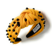 Load image into Gallery viewer, headbands for women, black yellow headband, handmade headbands, black yellow top knotted headband, Pittsburgh knotted headband, Michigan Headband, embellished headband, Yellow pearl headband, black yellow headband, football headband, jeweled headband, knotted jeweled headband, warriors football headband, Panthers knot headband, Steelers knot headband, pearly headbands, Steelers headband, game day hair accessories, game day headband, football headbands, steelers colors, best selling items
