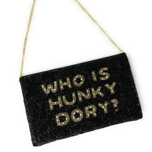 Large WHO IS HUNKY DORY Purse Pouch, Large RHOBH Beaded Purse, RHOBH gifts, Bravo Black clutch purse, Hunky Dory Pouches, Real Housewives Gift, beaded pouch zipper, Girl trip gifts, beaded coin purse, birthday gifts, gifts for her, batch gifts, Housewives of Beverly Hills accessories, best friend gifts, The real housewives of Beverly Hills purse, girlfriend gift, Bravo fans gift, best friend birthday gift, Bachelorette gifts, Bachelorette party favors, Black gold purse, Sutton, Bravo bachelorette, best sell