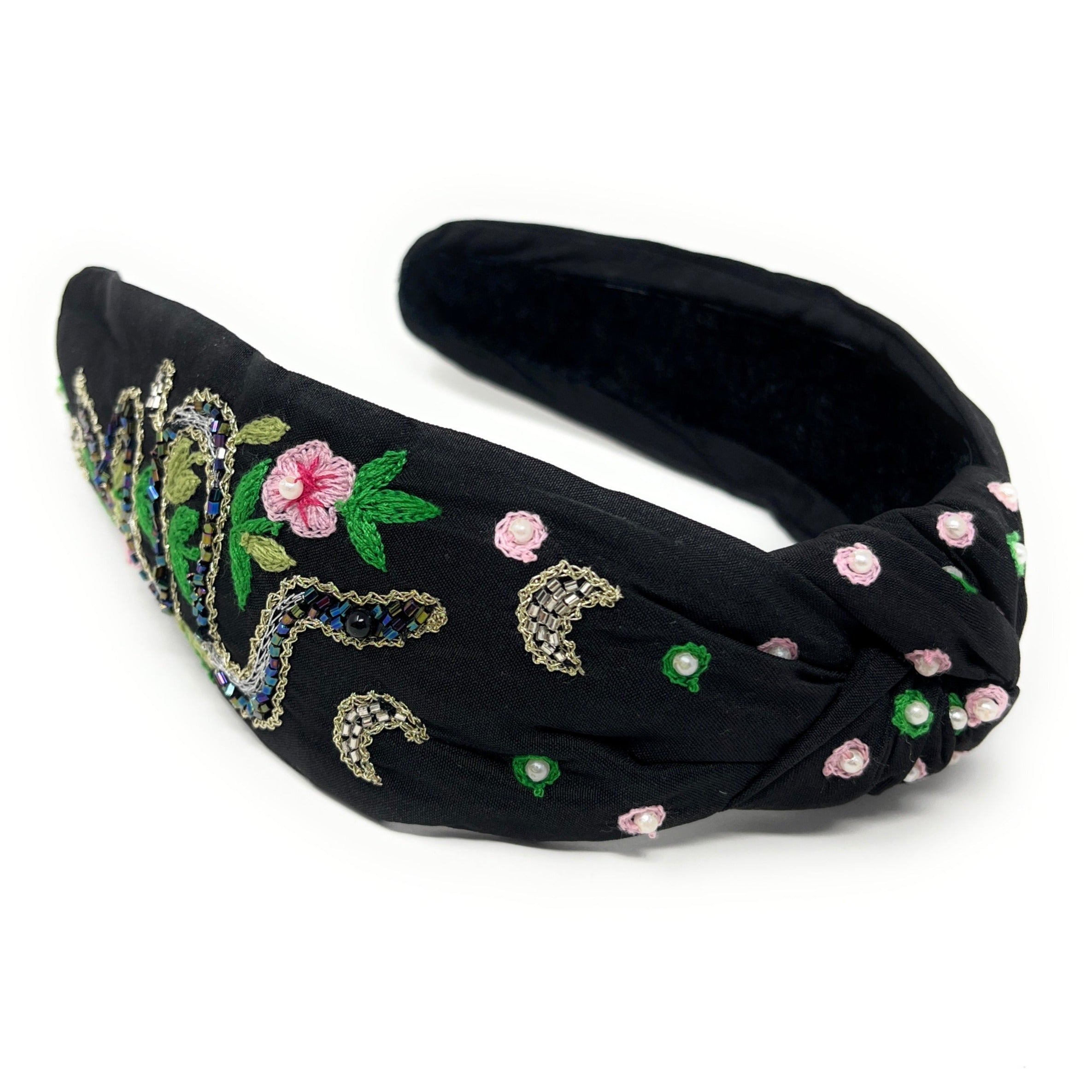 Black Bead Embroidered Headband Twine and Love | Hand Beaded Top Knot Headband | Floral  main image 3