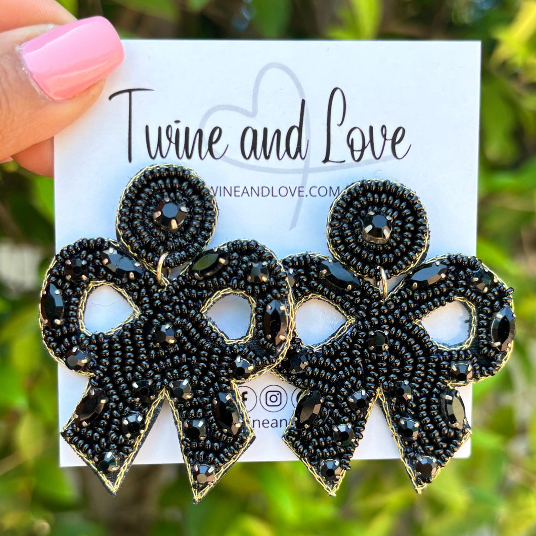 custom beaded Earrings, black jeweled Earrings, black Beaded Earrings, bow earrings, summer jeweled earrings, handmade earrings, custom earrings, party accessories, fancy accessories, bow embellished earrings, custom earrings, best friend gifts, birthday gifts, bohemian earrings, luxurious handmade accessories, night jewelry, Fancy earrings, boho earrings, beaded earrings, bow jeweled earrings, statement earrings, best selling items, statement earrings, handmade gifts, custom gifts, black bow