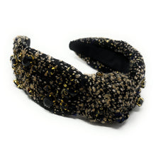 Load image into Gallery viewer, headbands for women, Wide headband, handmade headbands, black top knotted headband, knotted headband, black tweed jeweled headband, embellished headband, tweed headband, gemstone headband for women, luxury headband, tweed knot headband for women, knotted jeweled headband, bling headband, embellished knot headband, luxury knot headband, plaid tweed headband, tweed knotted headband, fall hair accessories, black tweed Christmas Headband, winter headbands, black jeweled headband, tweed plaid headband, tweed acc