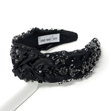 Load image into Gallery viewer, Elegant green headband adorned with sparkling crystals and gemstones. The luxurious fabric is delicately ruched, creating a sophisticated and glamorous look.