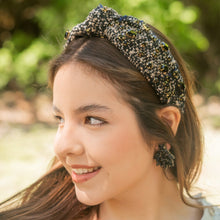 Load image into Gallery viewer, headbands for women, Wide headband, handmade headbands, black top knotted headband, knotted headband, black tweed jeweled headband, embellished headband, tweed headband, gemstone headband for women, luxury headband, tweed knot headband for women, knotted jeweled headband, bling headband, embellished knot headband, luxury knot headband, plaid tweed headband, tweed knotted headband, fall hair accessories, black tweed Christmas Headband, winter headbands, black jeweled headband, tweed plaid headband, tweed acc