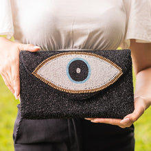 Load image into Gallery viewer, Evil Eye Beaded Clutch, Black Bead Clutch Bag, Black Beaded Clutch Purse, Wedding Clutch Bag, Party Clutch Purse, Evening Beaded Clutch, evening clutch, evening clutches, party purse, beaded clutch purse, engagement gift, cross body purse, crossbody handbag, best friend gifts, beaded clutches, black beaded purse, black clutch purse, turkey eye bead clutch, evening purses, wedding clutches, party clutch purse, silver evening clutch, fancy evening clutches, elegant evening clutches, turkey eye accessories